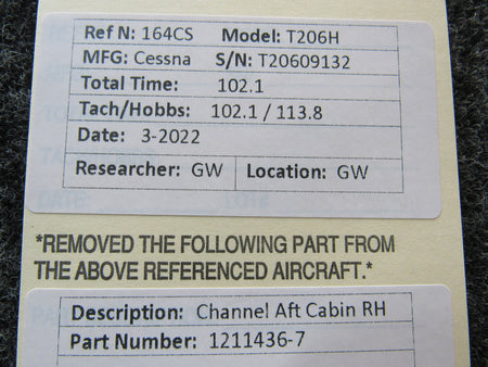 1211436-7 Cessna T206H Channel Aft Cabin RH BAS Part Sales | Airplane Parts