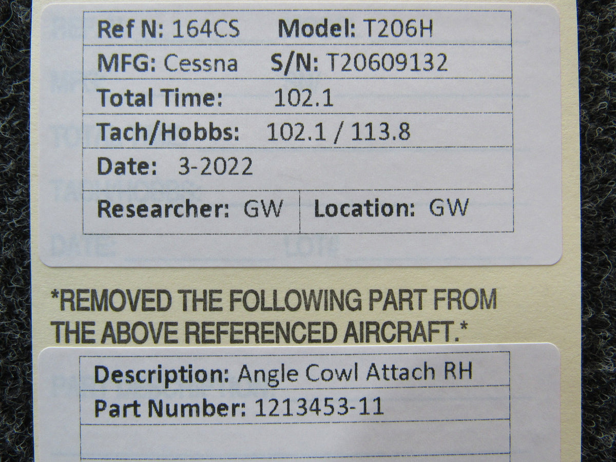 1213453-11 Cessna T206H Angle Cowl Attach RH BAS Part Sales | Airplane Parts