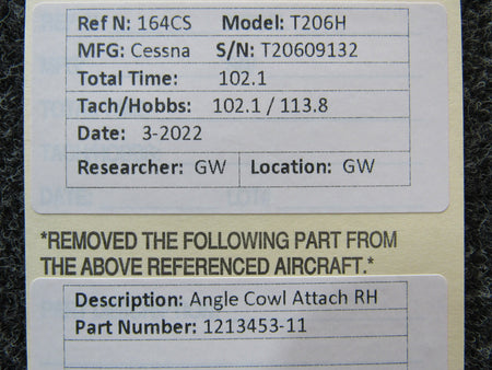 1213453-11 Cessna T206H Angle Cowl Attach RH BAS Part Sales | Airplane Parts