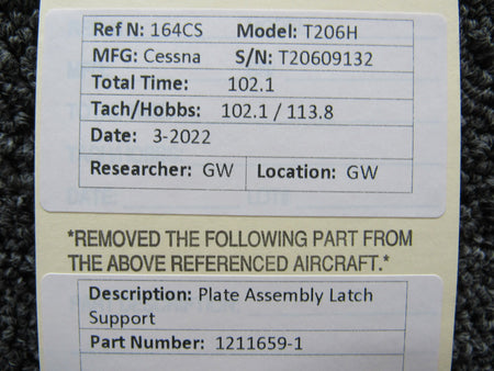 1211659-1 Cessna T206H Plate Assembly Latch Support BAS Part Sales | Airplane Parts