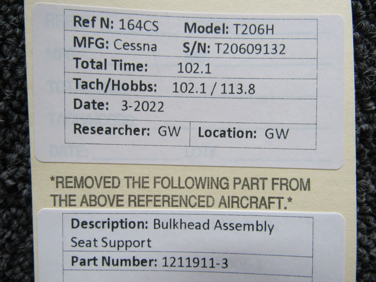 1211911-3 Cessna T206H Bulkhead Assembly Seat Support BAS Part Sales | Airplane Parts