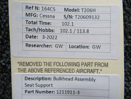 1211911-3 Cessna T206H Bulkhead Assembly Seat Support BAS Part Sales | Airplane Parts