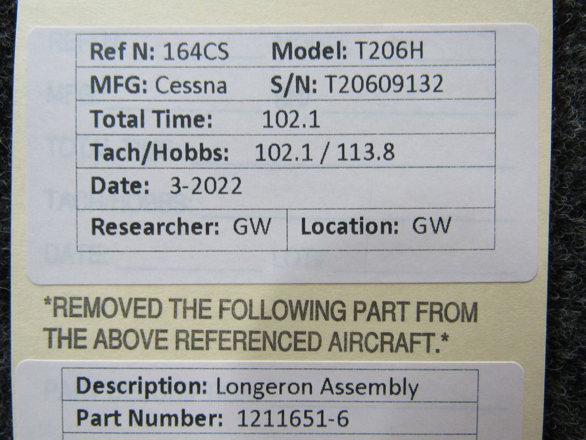 1211651-6 Cessna T206H Longeron Assembly RH BAS Part Sales | Airplane Parts