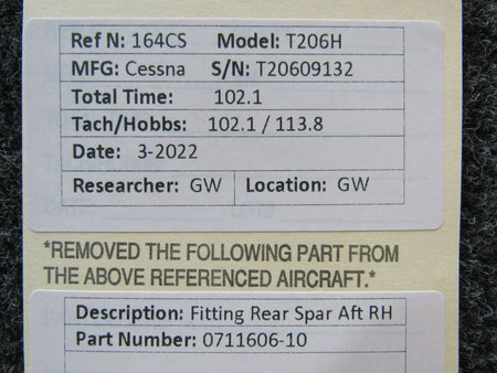 0711606-10 Cessna T206H Fitting Rear Spar Attach Aft RH BAS Part Sales | Airplane Parts