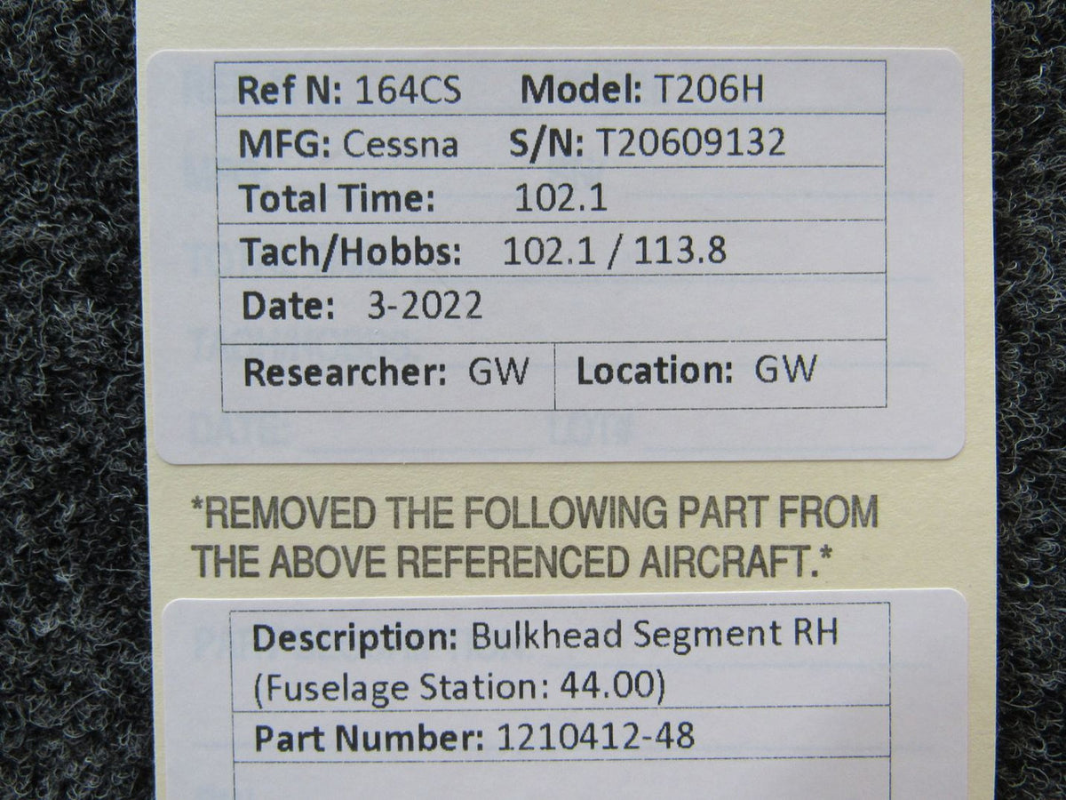 1210412-48 Cessna T206H Bulkhead Segment RH (Fuselage Station: 44.00) BAS Part Sales | Airplane Parts