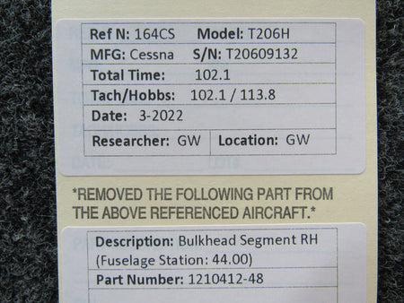 1210412-48 Cessna T206H Bulkhead Segment RH (Fuselage Station: 44.00) BAS Part Sales | Airplane Parts