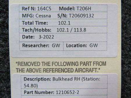 1210652-2 Cessna T206H Bulkhead RH (Station: 54.80) BAS Part Sales | Airplane Parts