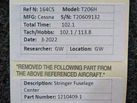 1210409-1 Cessna T206H Stringer Fuselage Center BAS Part Sales | Airplane Parts