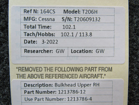 1213786-12 (USE: 1213786-4) Cessna T206H Bulkhead Upper RH BAS Part Sales | Airplane Parts