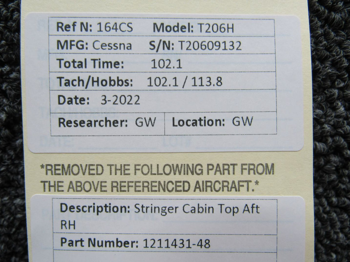 1211431-48  Cessna T206H Stringer Cabin Top Aft RH BAS Part Sales | Airplane Parts