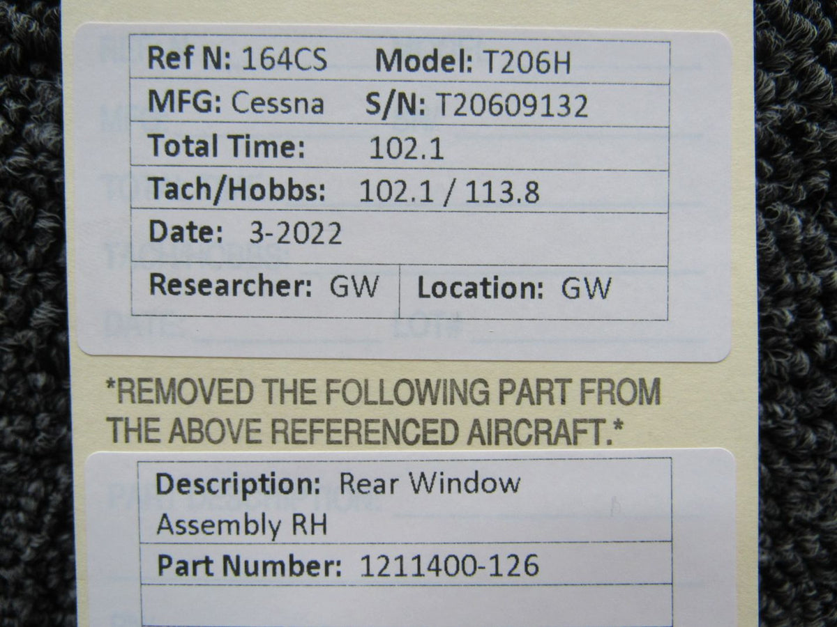 1211400-126 Cessna T206H Rear Window Assembly RH BAS Part Sales | Airplane Parts