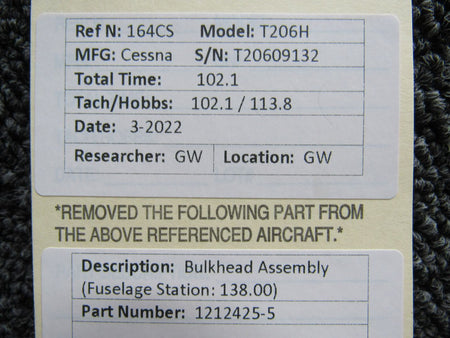 1212425-5 Cessna T206H Bulkhead Assembly (Fuselage Station: 138.00) BAS Part Sales | Airplane Parts