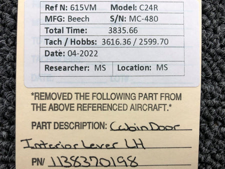 1138370198 Beechcraft C24R Cabin Door Interior Lever LH BAS Part Sales | Airplane Parts
