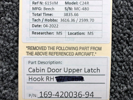 169-420036-94 Beechcraft C24R Cabin Door Latch Hook RH BAS Part Sales | Airplane Parts