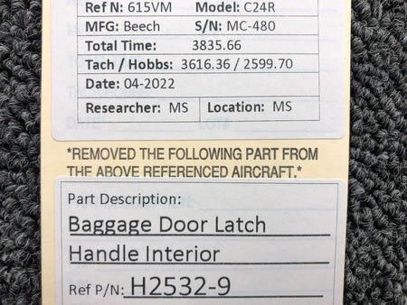 H2532-9 Beechcraft C24R Baggage Door Latch Handle Interior BAS Part Sales | Airplane Parts