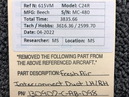 130907-C-AB-098 Beechcraft C24R Fresh Air Interconnect Duct LH / RH BAS Part Sales | Airplane Parts
