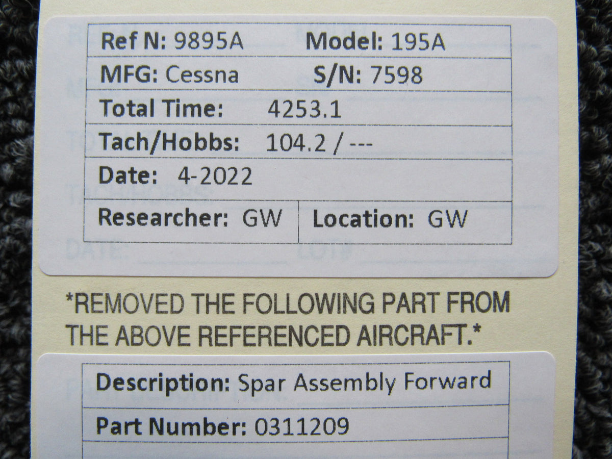 0311209 Cessna 195A Forward Spar Assembly (Hours: 4253.1) BAS Part Sales | Airplane Parts