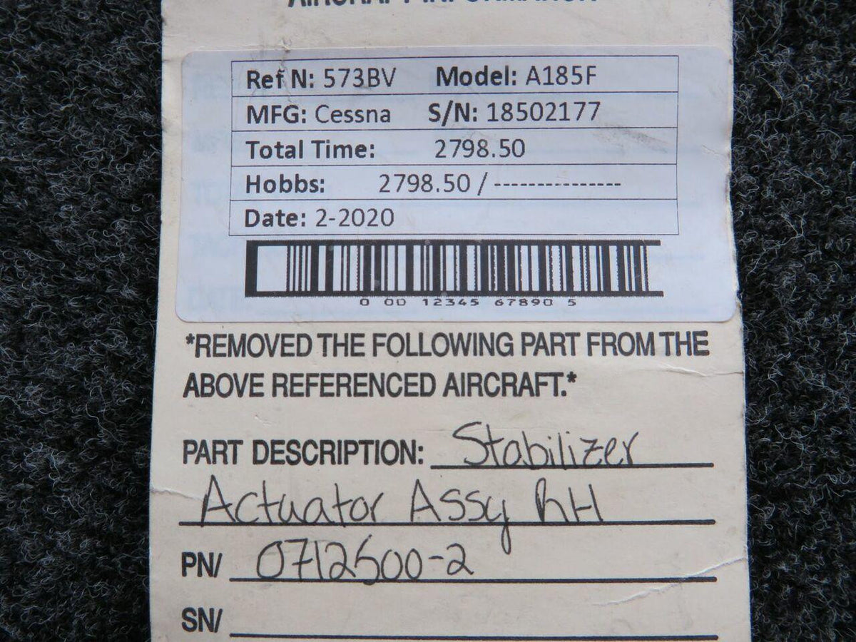 Cessna Aircraft Parts 0712500-2 Cessna A185F Stabilizer Actuator Assembly RH