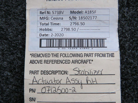 Cessna Aircraft Parts 0712500-2 Cessna A185F Stabilizer Actuator Assembly RH