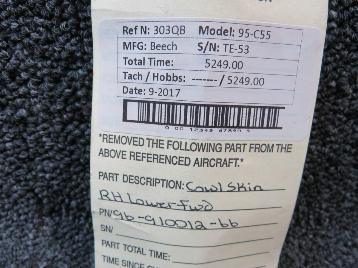 Beechcraft Parts 96-910012-66 Beechcraft 95-C55 Cowl Skin RH Lower Forward