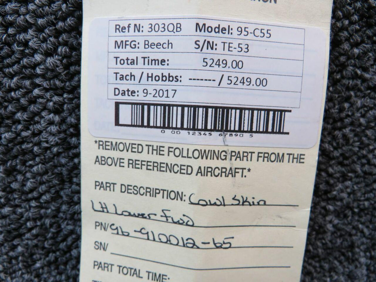 Beechcraft Parts 96-910012-65 Beechcraft 95-C55 Cowl Skin LH Lower Forward