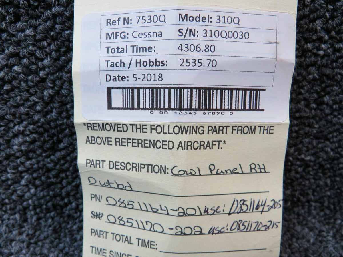 Cessna Aircraft Parts 0851164-201 / 0851170-202 Cessna 310Q Cowl Panel Outboard RH