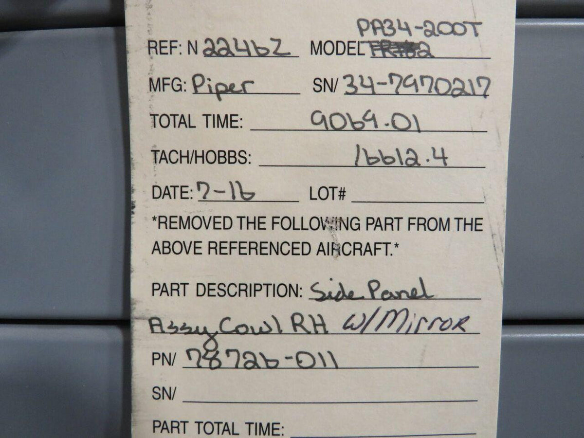 Piper Aircraft Parts 78726-011 Piper PA34-200T Side Panel Assembly Cowl RH W/ Mirror
