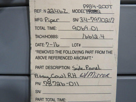 Piper Aircraft Parts 78726-011 Piper PA34-200T Side Panel Assembly Cowl RH W/ Mirror