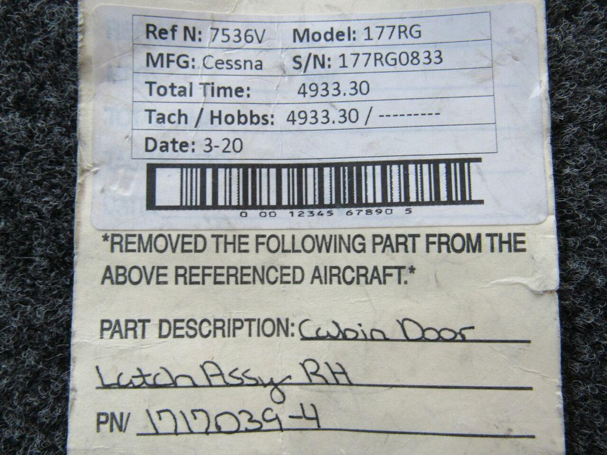 Cessna Aircraft Parts 1717039-4 Cessna 177RG Cabin Door Latch Assembly RH