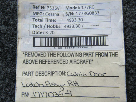 Cessna Aircraft Parts 1717039-4 Cessna 177RG Cabin Door Latch Assembly RH