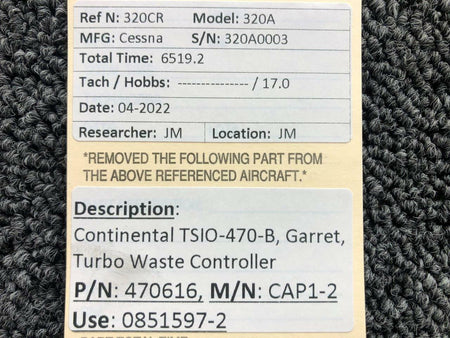 Garrett 470616 M/N CAP1-2 Continental TSIO-470-B Garrett Wastegate Controller