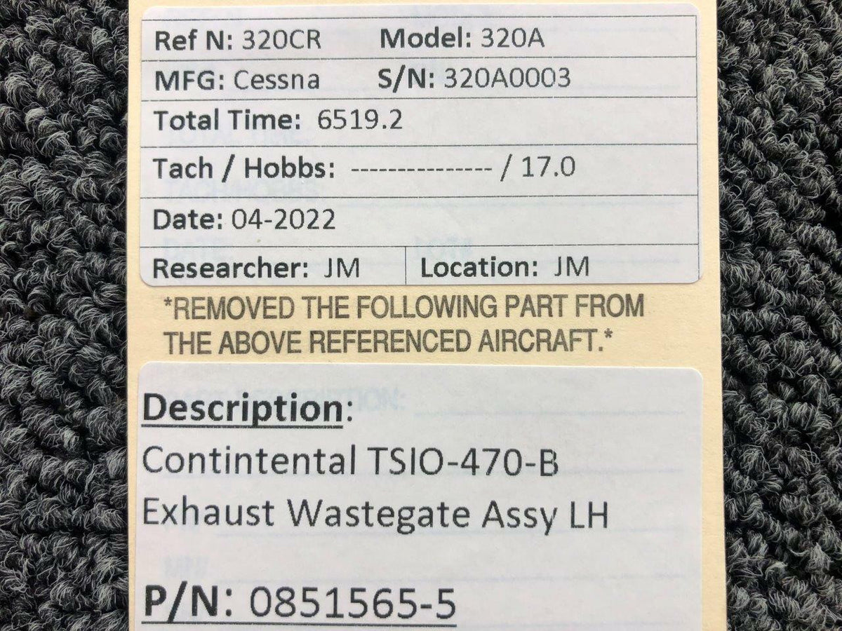 Continental 0851565-5 Continental TSIO-470-B Exhaust Wastegate Assembly LH
