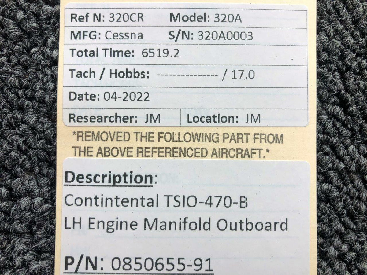 0850655-91 Continental TSIO-470-B LH Engine Exhaust Manifold Outboard BAS Part Sales | Airplane Parts