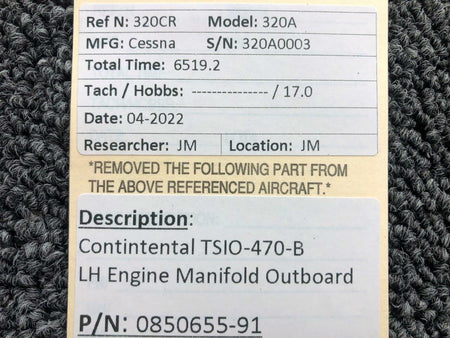 0850655-91 Continental TSIO-470-B LH Engine Exhaust Manifold Outboard BAS Part Sales | Airplane Parts