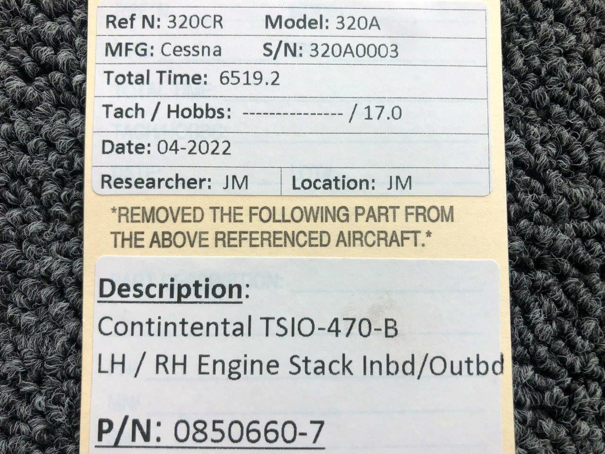 Continental 0850660-7 Continental TSIO-470-B LH / RH Engine Stack Assy Inboard / Outboard