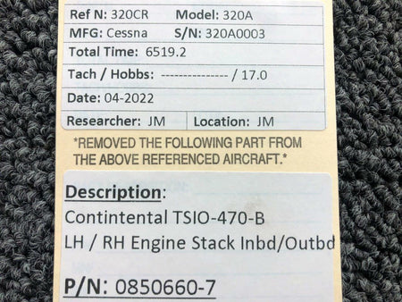 Continental 0850660-7 Continental TSIO-470-B LH / RH Engine Stack Assy Inboard / Outboard