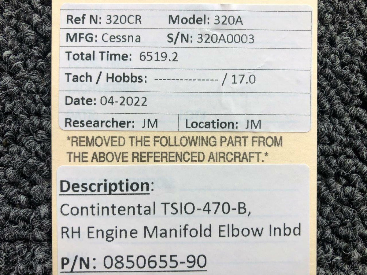 Continental 0850655-90 Continental TSIO-470-B RH Engine Manifold Elbow Inboard