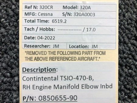 Continental 0850655-90 Continental TSIO-470-B RH Engine Manifold Elbow Inboard