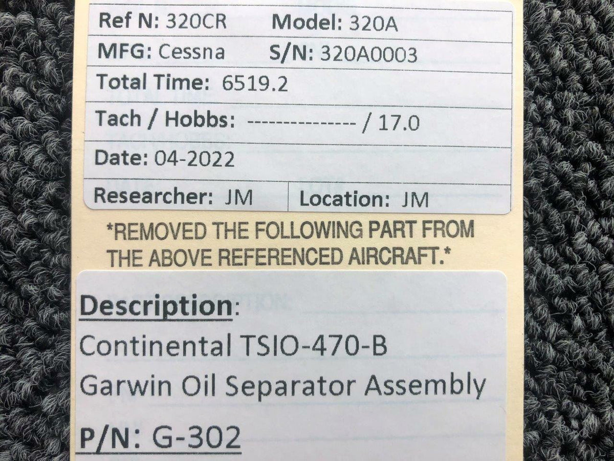 GARWIN G-302 Continental TSIO-470-B Garwin Oil Separator Assembly