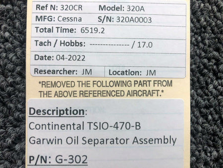 GARWIN G-302 Continental TSIO-470-B Garwin Oil Separator Assembly