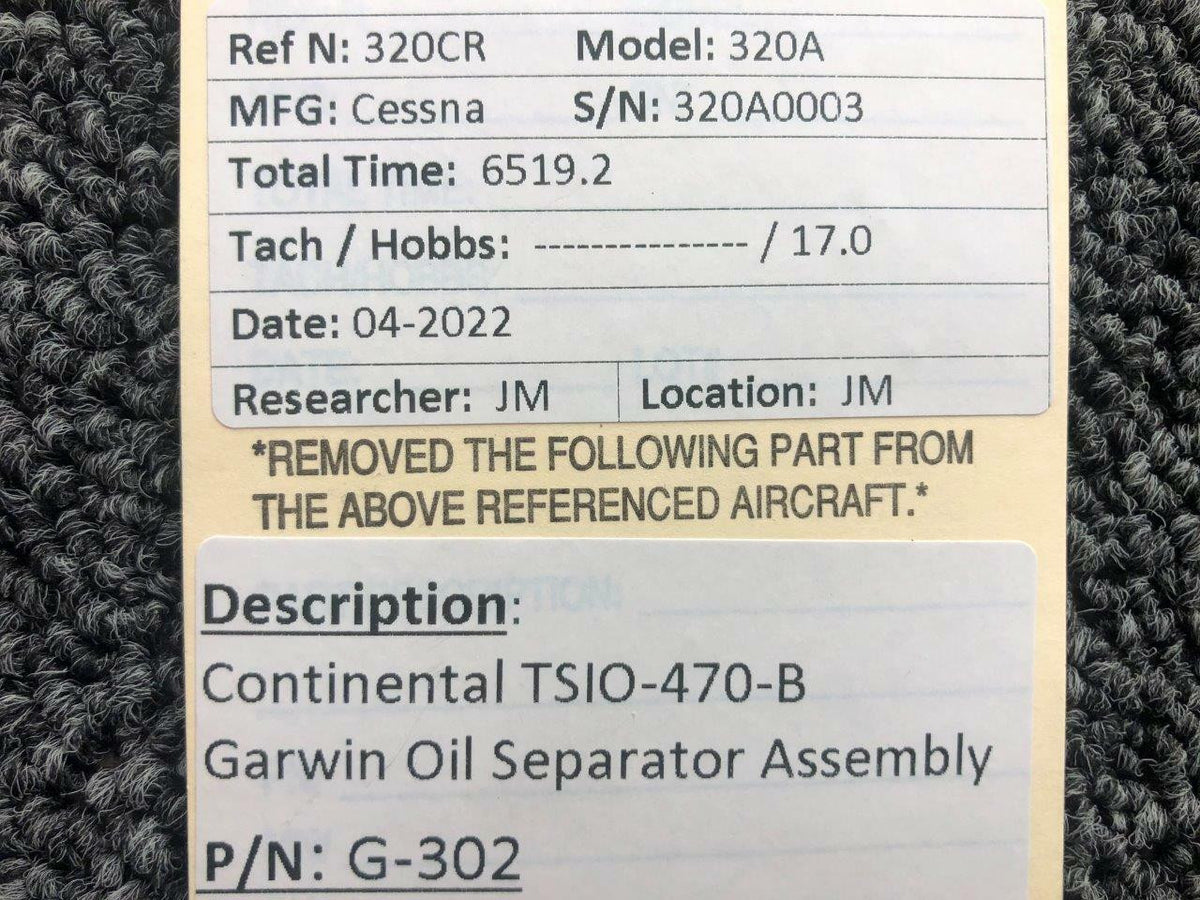 GARWIN G-302 Continental TSIO-470-B Garwin Oil Separator Assembly