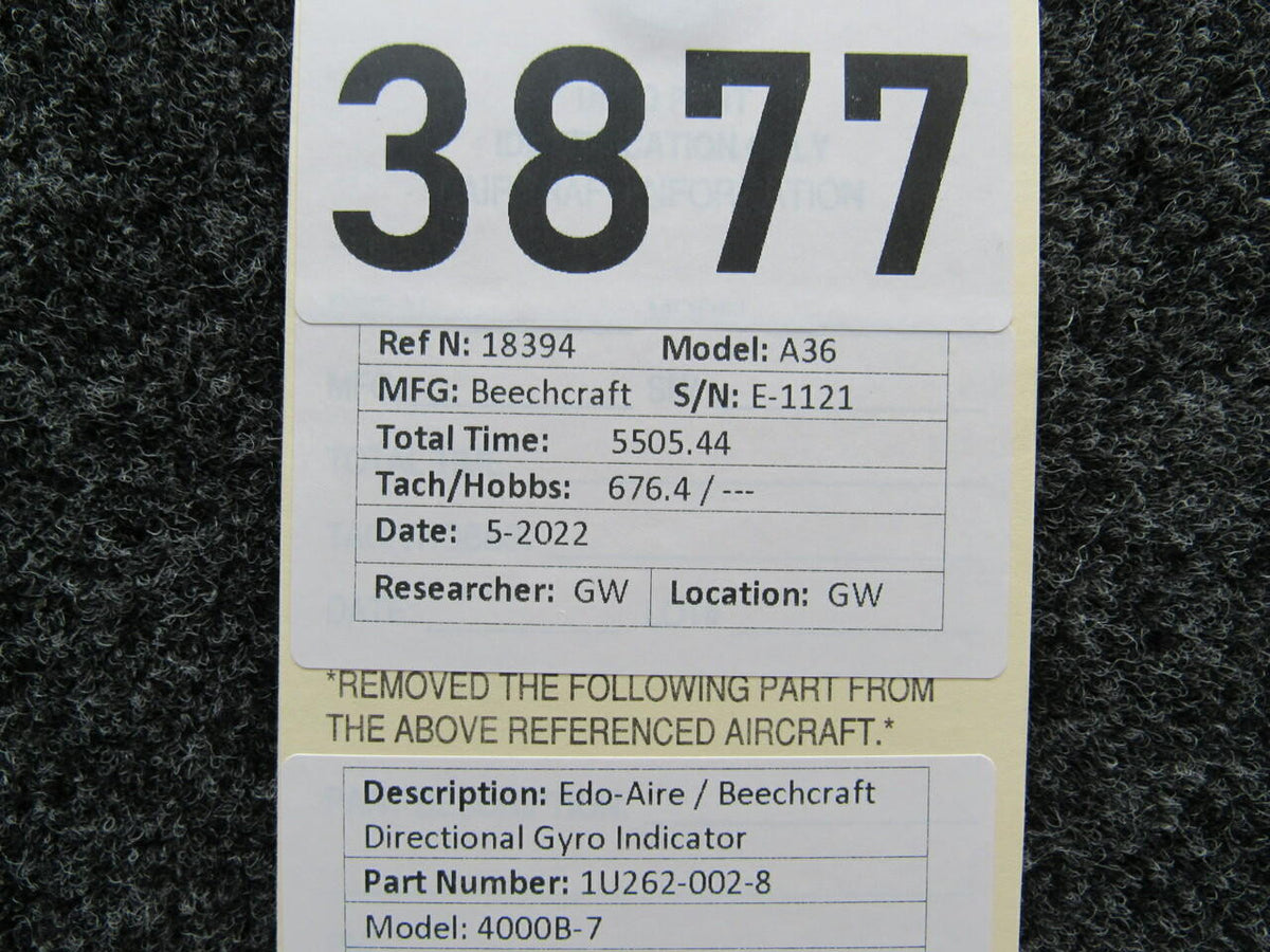 Edo-Aire 1U262-002-8 M/N 4000B-7 Edo-Aire / Beechcraft Directional Gyro Indicator