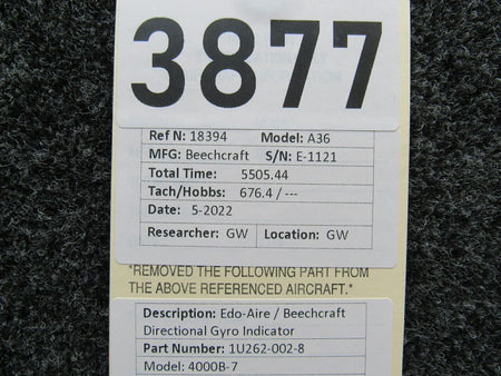 Edo-Aire 1U262-002-8 M/N 4000B-7 Edo-Aire / Beechcraft Directional Gyro Indicator