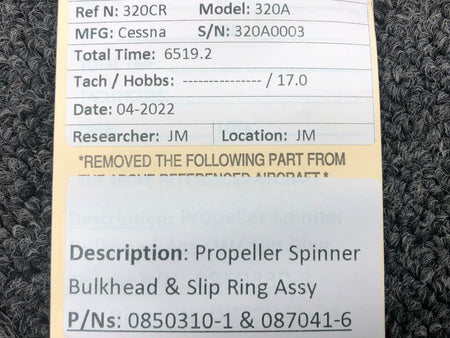 Cessna Aircraft Parts 0850330-3 / 0870041-24 Cessna 320A Propeller Spinner Bulkhead Assy W/ Slip Ring