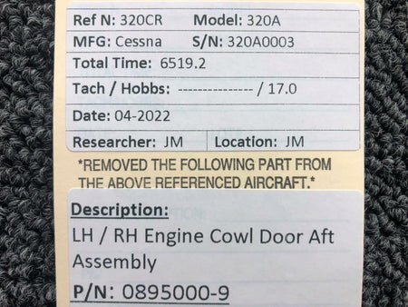 Cessna Aircraft Parts 0895000-9 Cessna 320A LH / RH Engine Cowl Door Aft Assembly