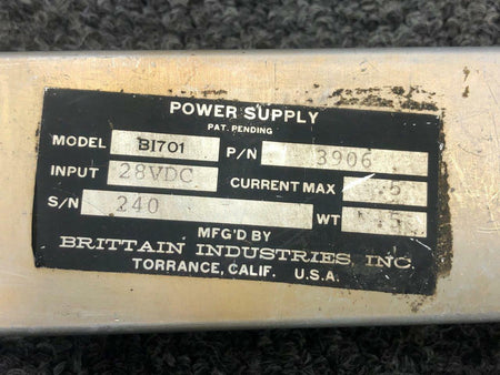 Brittain Industries 3906 M/N B1701 Brittain Industries Power Supply Assembly Volts 28