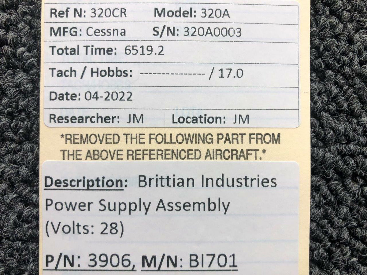 Brittain Industries 3906 M/N B1701 Brittain Industries Power Supply Assembly Volts 28