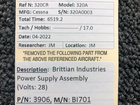 Brittain Industries 3906 M/N B1701 Brittain Industries Power Supply Assembly Volts 28