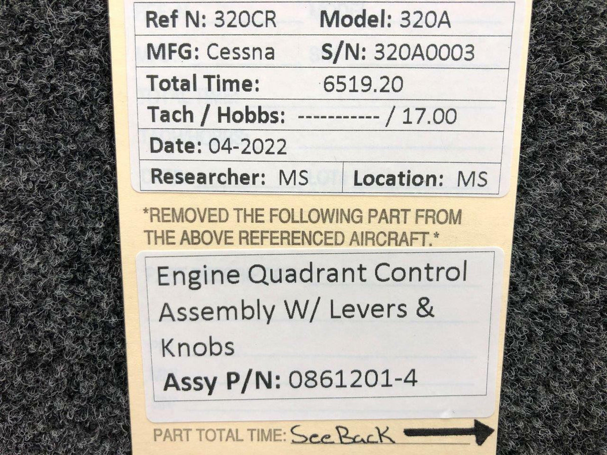 Cessna Aircraft Parts 0861201-4 Cessna 320A Engine Quadrant Control Assembly W/ Levers and Knobs