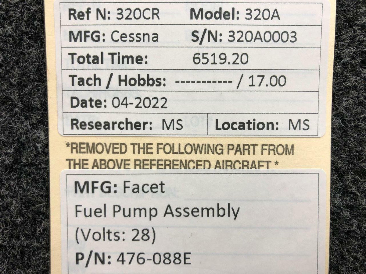 Facet 476-088E Cessna 320A Facet Fuel Boot Pump Assembly Volts 28